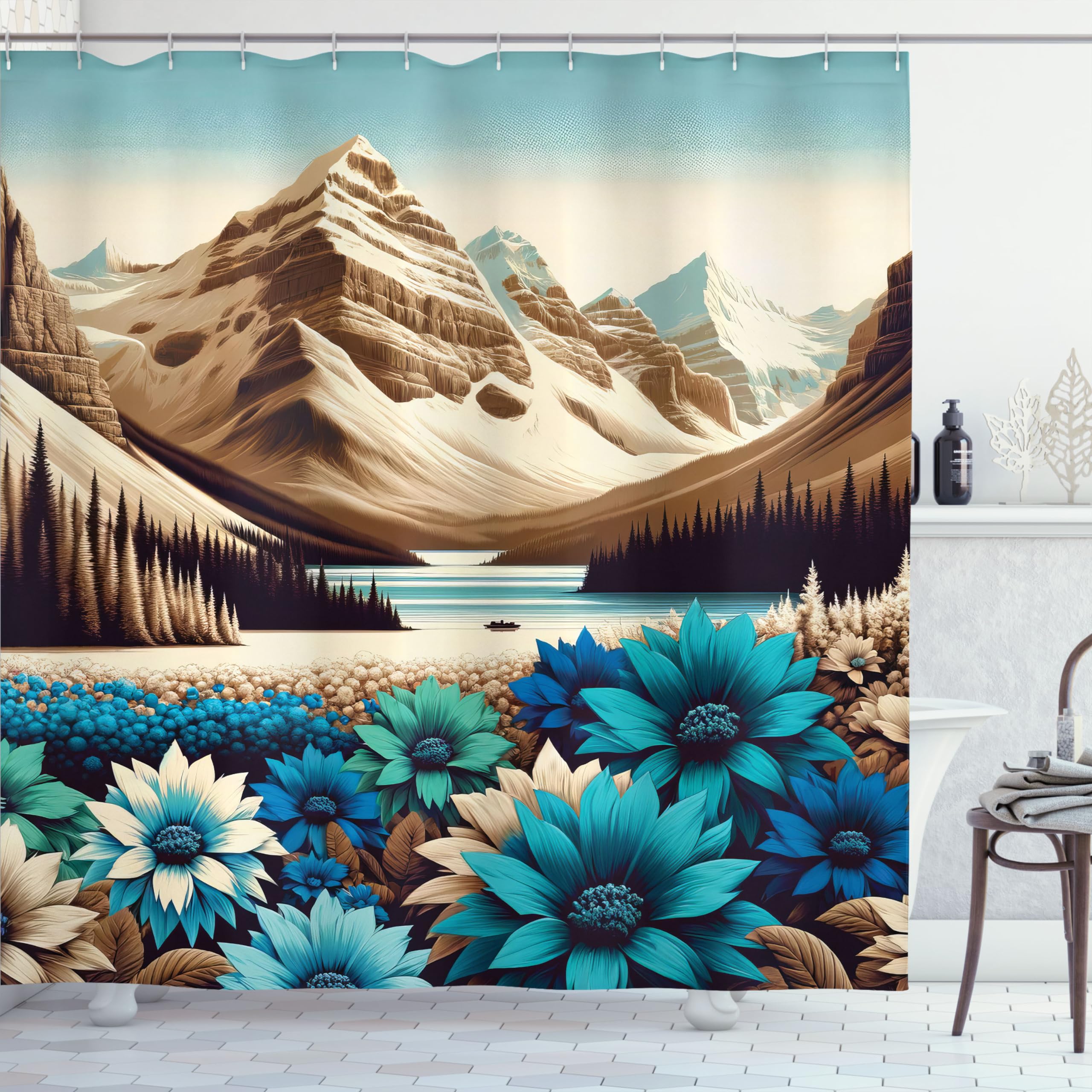 Ambesonne Lake Shower Curtain, Art Of Mountain Scene With Icy Tone Sunflowers Meadow And Dark Woodland, Cloth Fabric Bathroom De